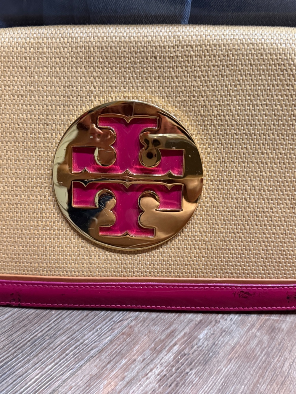 Tory Burch Natural Straw Clutch with Pink Patent Trim and Gold Logo
